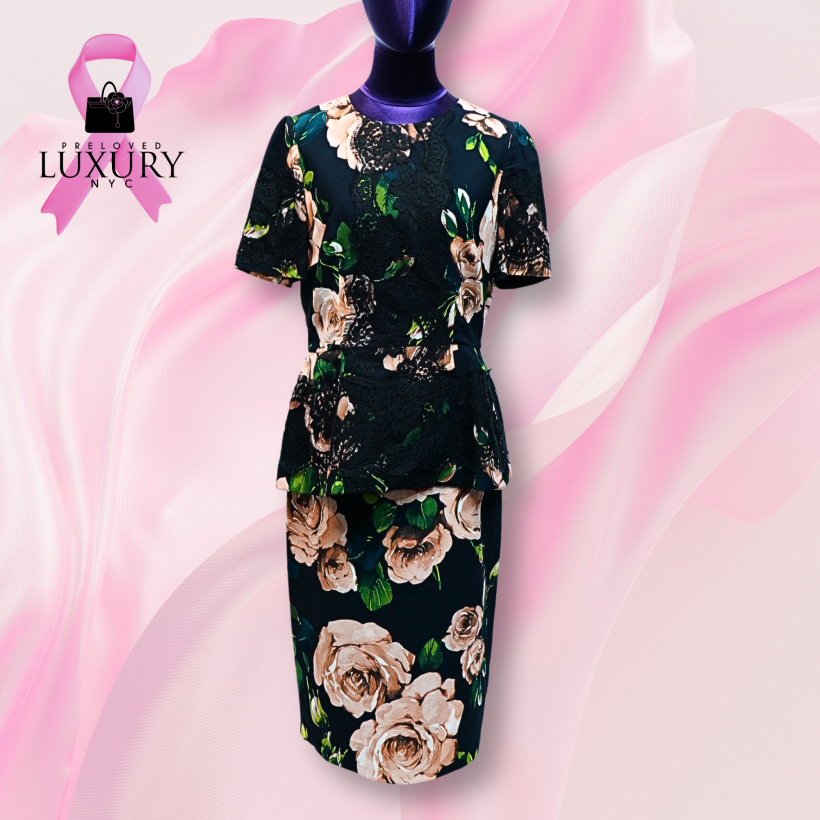 DOLCE & GABBANA Black Silk Midi Skirt & Lace Floral Blouse