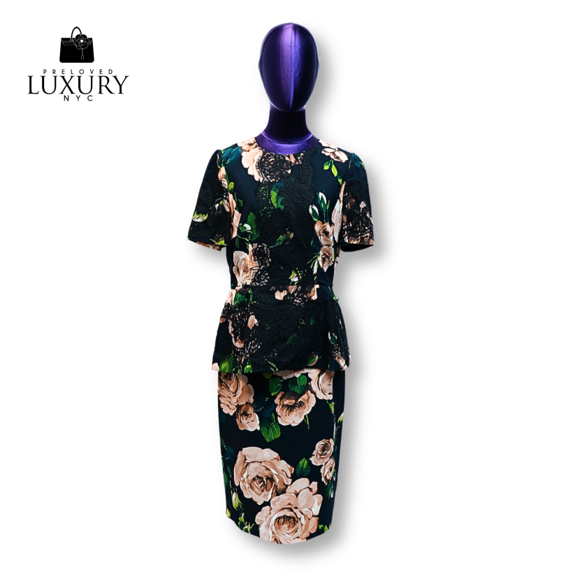 DOLCE & GABBANA Black Silk Midi Skirt & Lace Floral Blouse