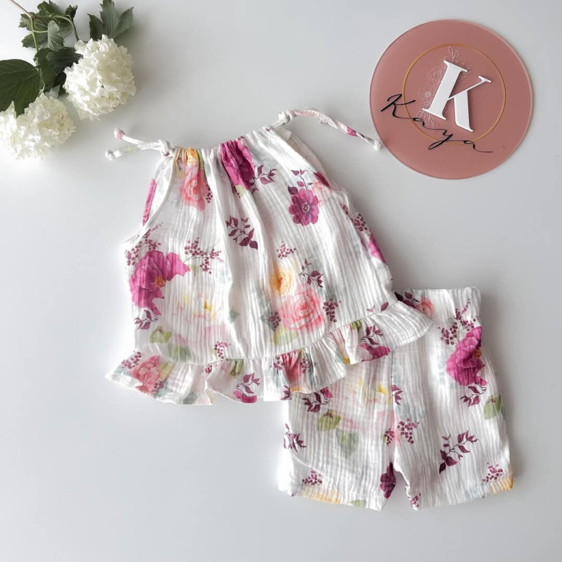 KOMPLET MUŚLIN BLUZKA + SZORTY KWIATY KAYA
