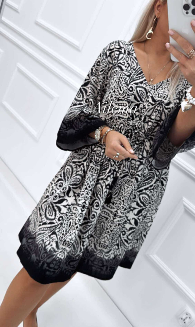 Sukienka LHfashion 8027 dekolt V, guziczki, wzory