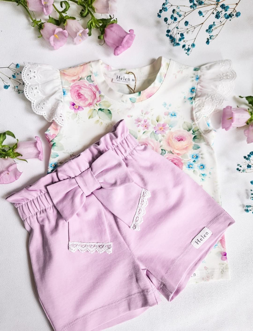 KRÓTKIE SPODENKI CIEPŁA LILA  KOKARDKI Z KORONKĄ HELEN