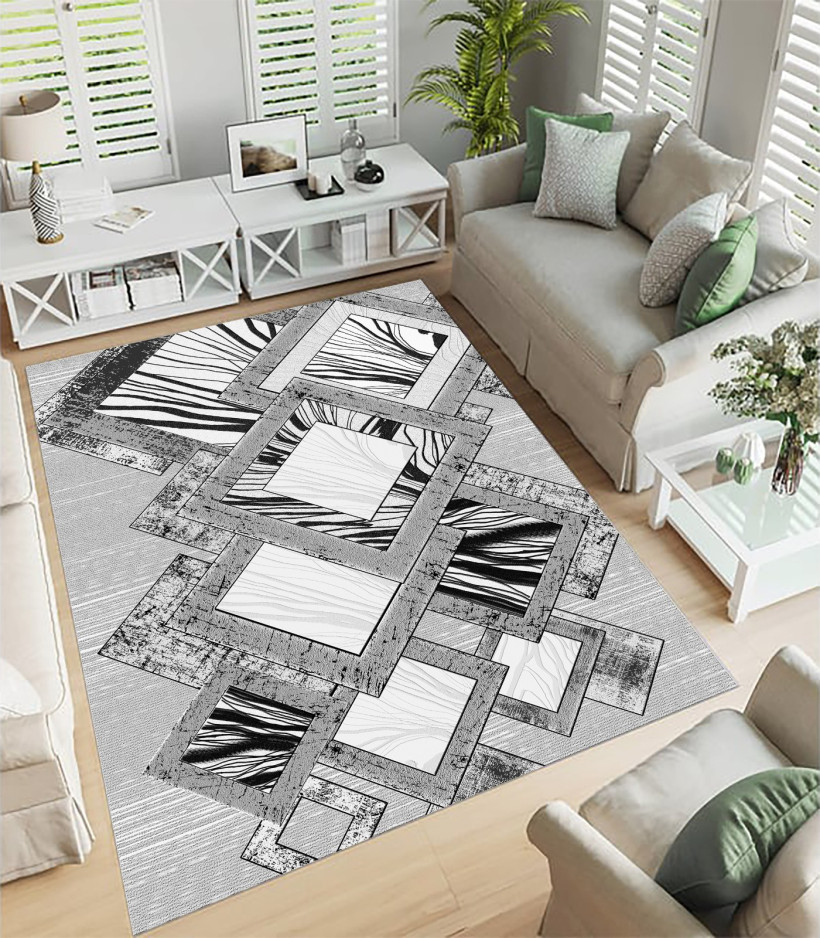 Dywan turecki 80x150cm z chwostami miękki i trwały, idealny do salonu przedpokoju - szara mozaika