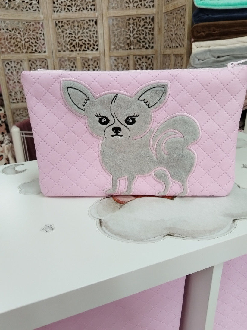 Trousse Plate - Rose Matelassé - Chihuahua Gris