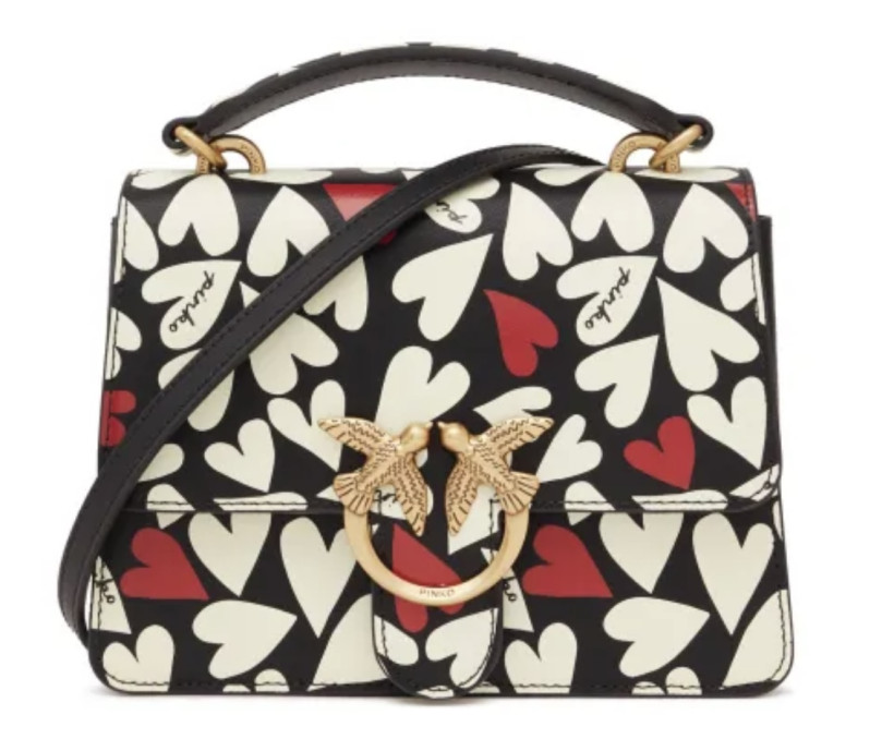 Torebka Pinko Love One Top Handle Mini Light Nappa St.Cuori 100071 A1J7 czarna w biało-różowe serca