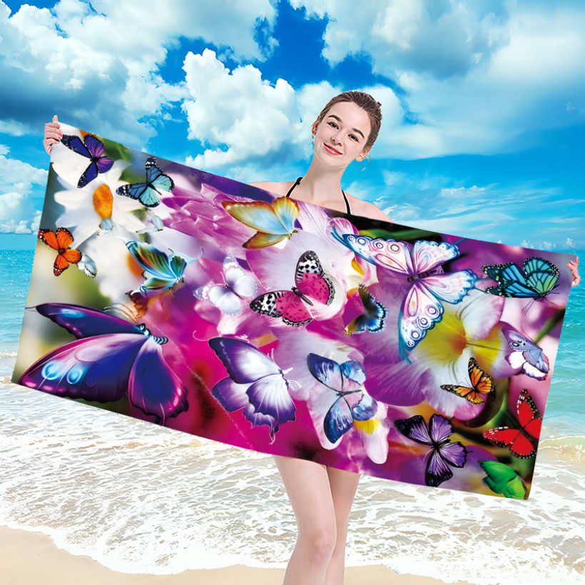 Ręcznik plażowy z mikrofibry 70x140 cm / 100x180 cm szybkoschnący, lekki, kompaktowy - fioletowe motylki