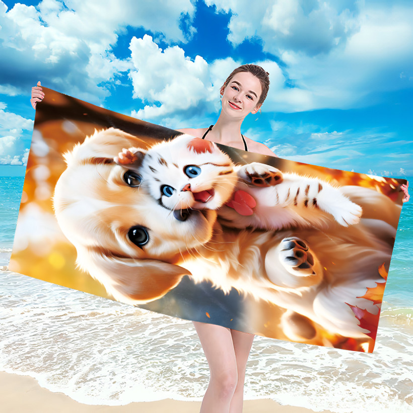 Ręcznik plażowy z mikrofibry 70x140 cm / 100x180 cm szybkoschnący, lekki, kompaktowy - pies i kot