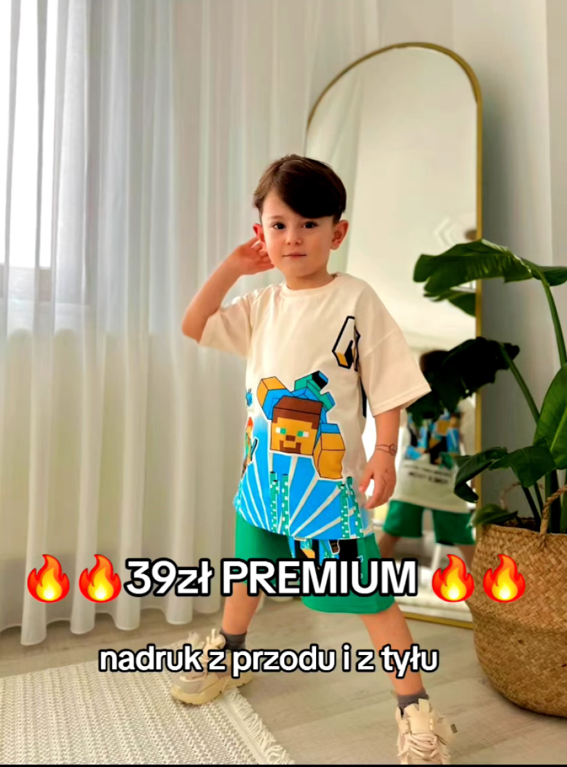 Komplet MINECRAFT KOSZULKA ECRU SPODNIE ZIELONE