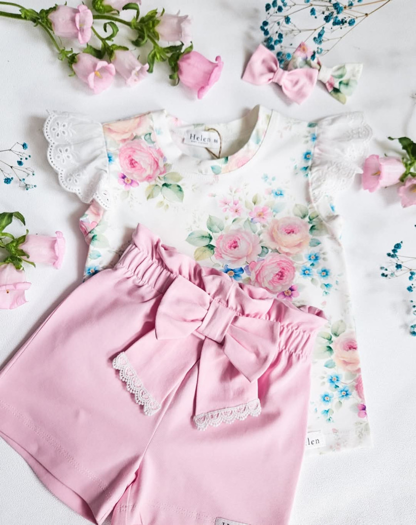 KRÓTKIE SPODENKI JASNY RÓŻ KOKARDKI Z KORONKĄ HELEN