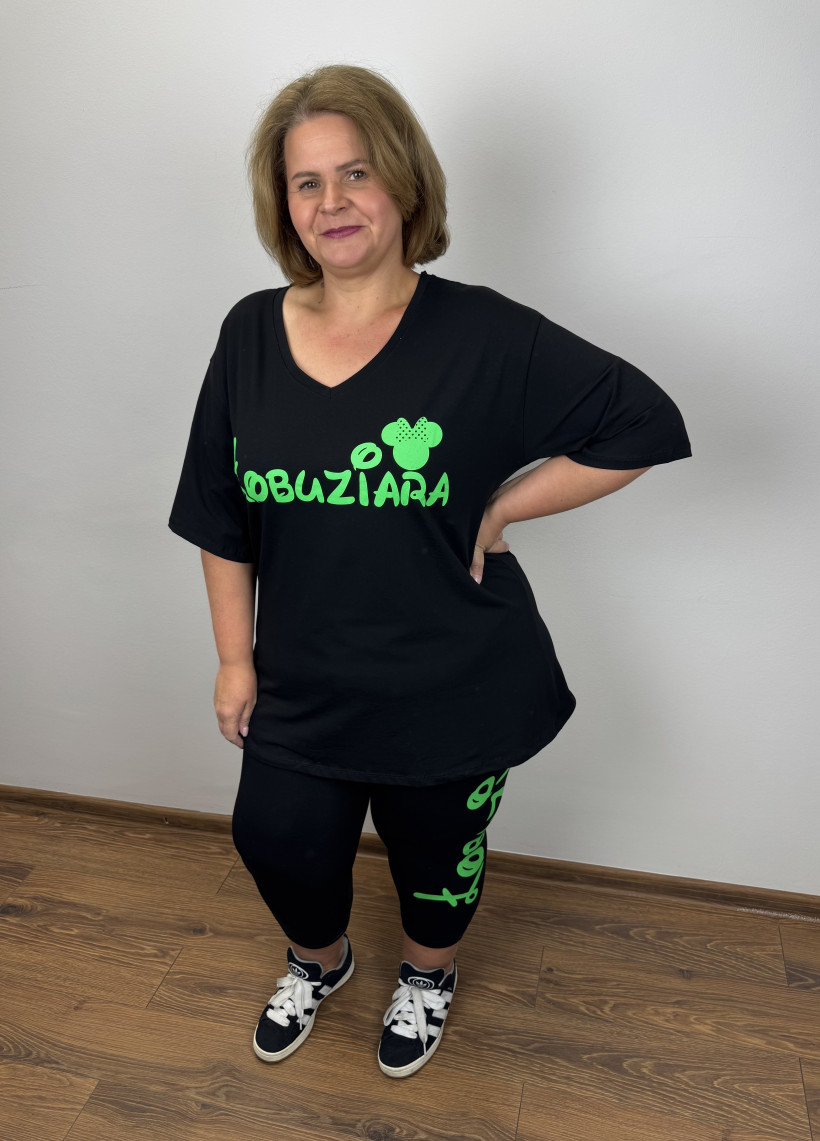 Komplet bluzka w serek + spodnie 3/4 - łobuziara zielona - ww - (xl/2xl) -3579 - czarny