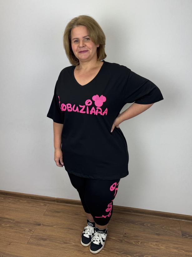 Komplet bluzka w serek + spodnie 3/4 - łobuziara róożowa - ww - (xl/2xl) -3579 - czarny