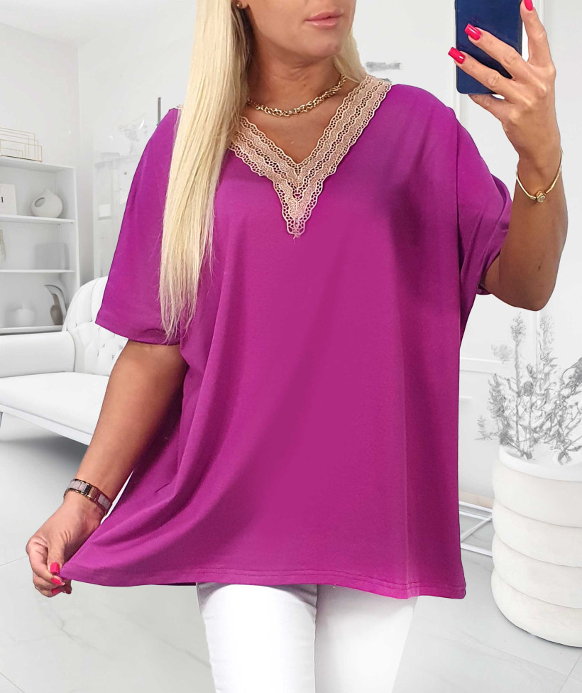 Elegancka Tunika koronka Plus Size- fuksja