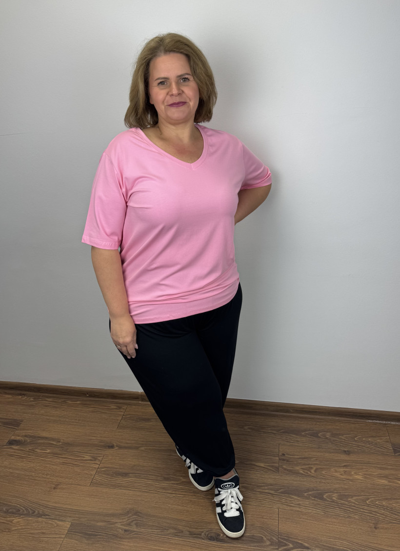 Bluzka w serek jednokolorowa - ww - 3374 - cukierkowy róż