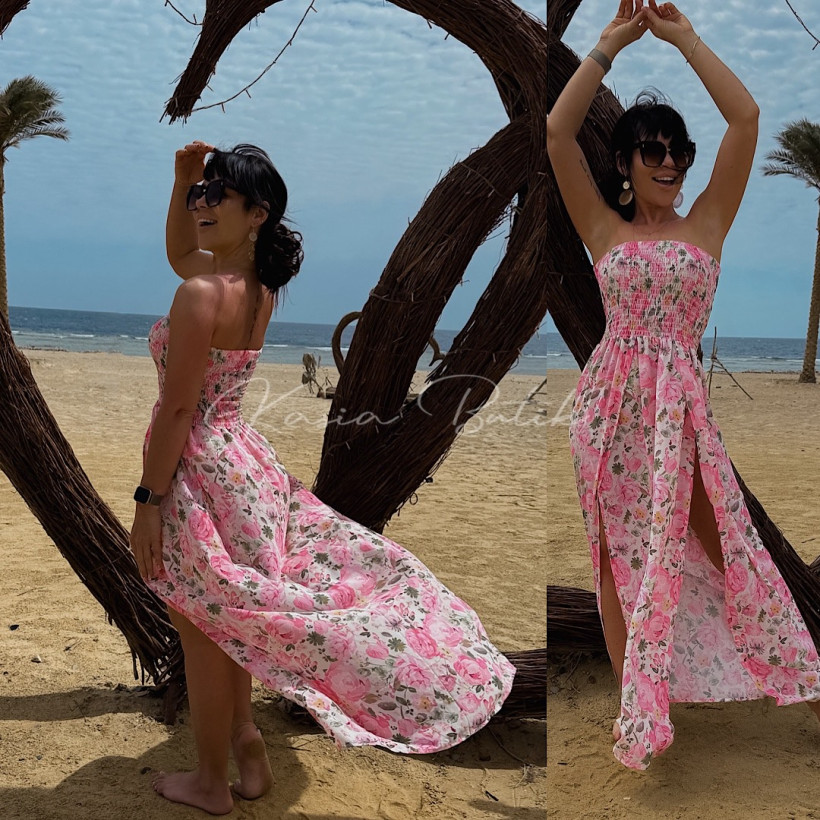 PRE ORDER 13.06 Sukienka Maxi Dubaj Flowers Śmietankowo&Pudrowa