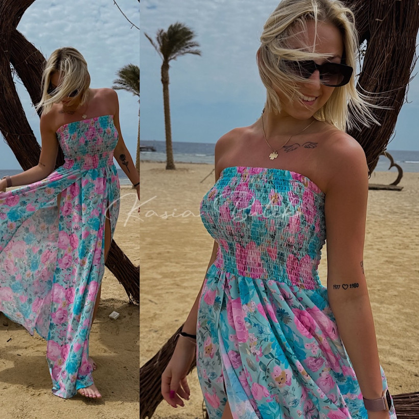 PRE ORDER  13.06 Sukienka Maxi Dubaj Flowers Miętowo&Różowa