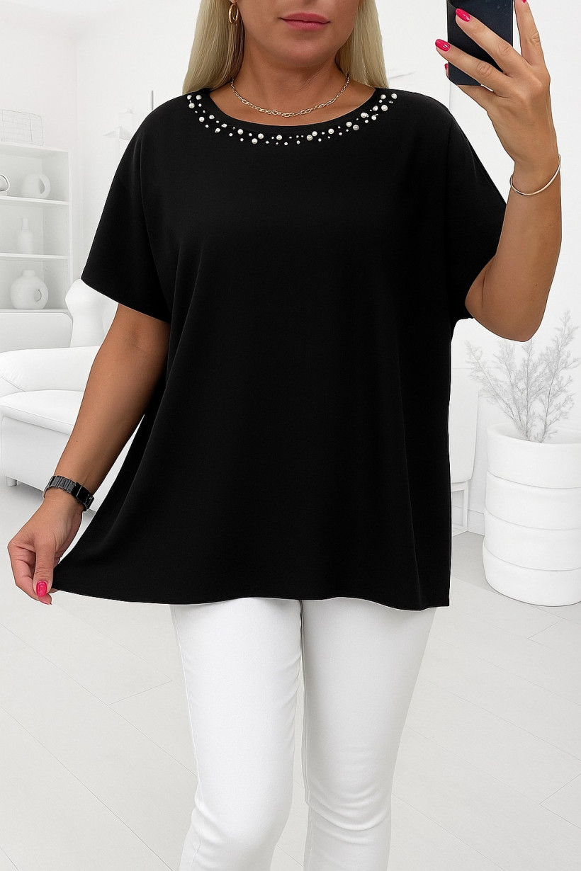 Elegancka Tunika perełki Plus Size- czarny