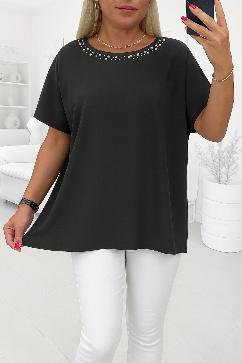 Elegancka Tunika perełki Plus Size- grafit