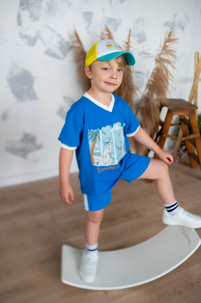 KOMPLET NIEBIESKI DINO BLUZKA + SZORTY MAM TEN LUZ