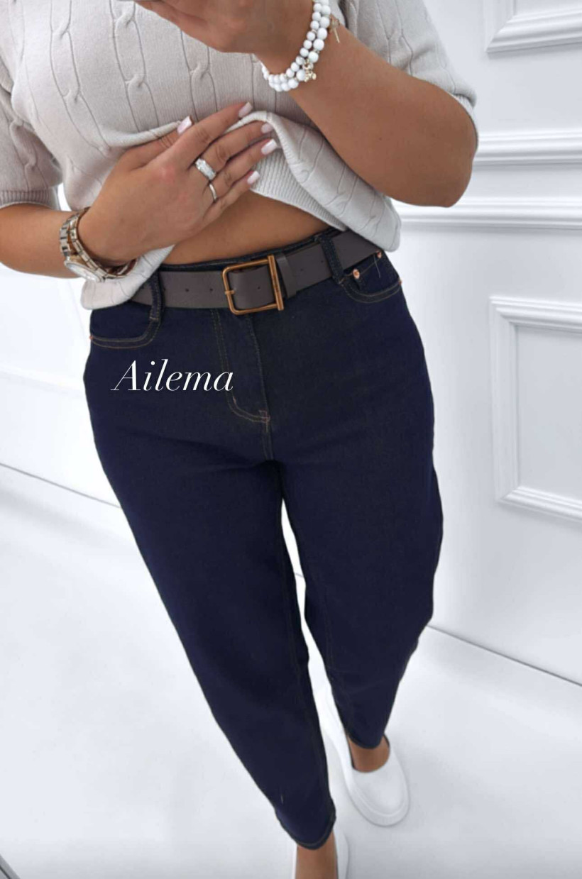 Spodnie Moongirl R1981 ciemny jeans, beżowe przeszycia