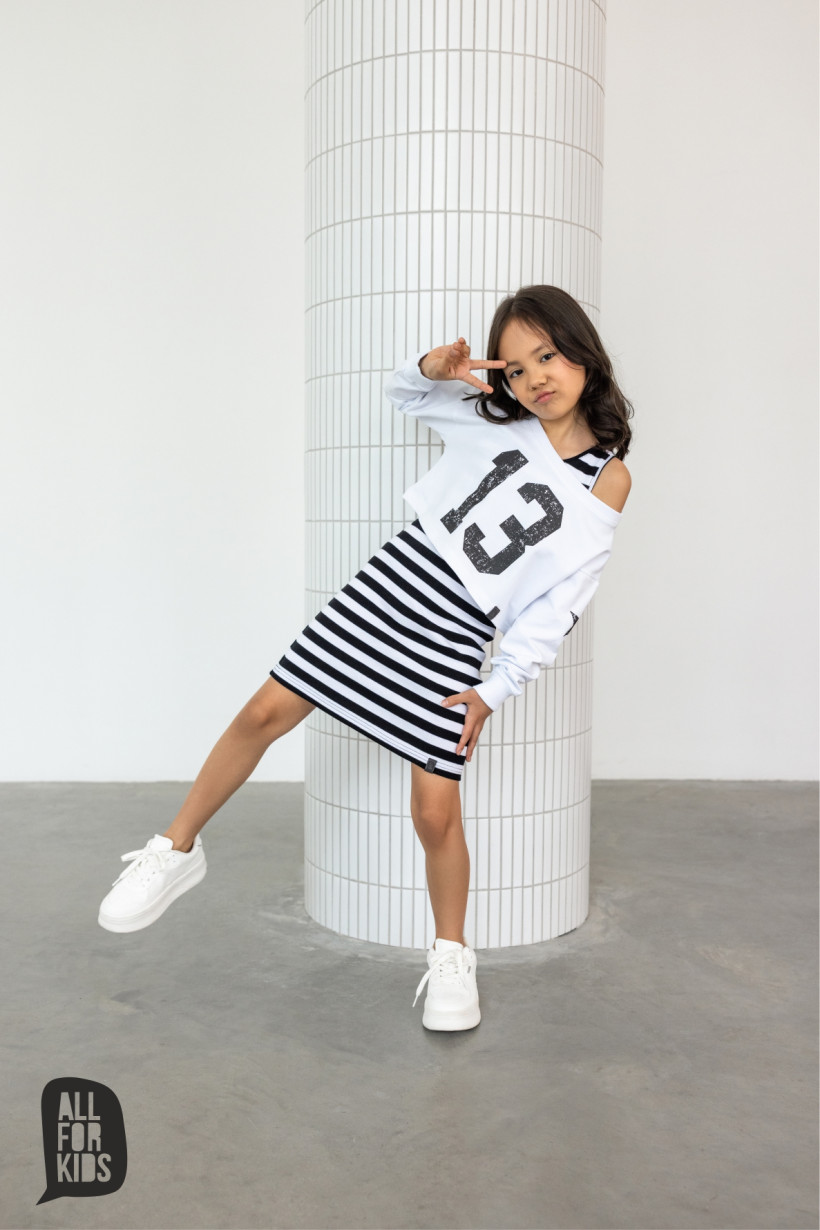 KOMPLET SUKIENKA PRĄŻEK W PASKI + BIAŁA KRÓTKA BLUZA AFK