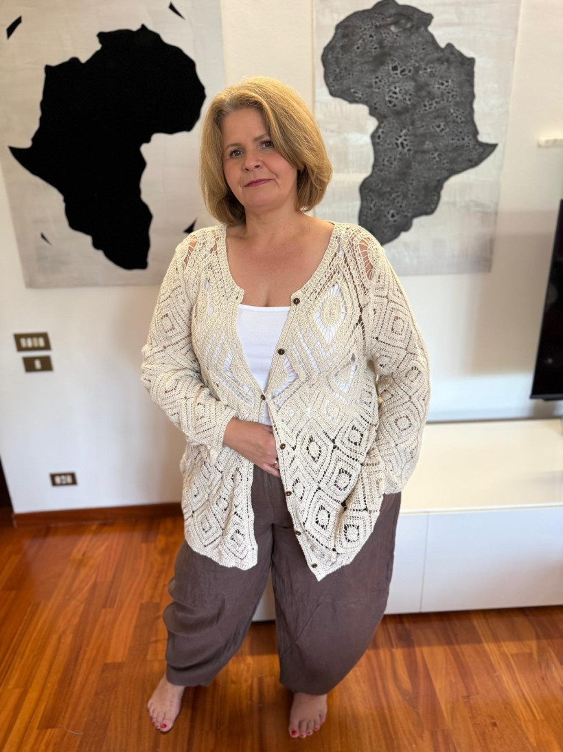 Italia nr.2 - Sweter ażurowy na rozpinanie - wł. - 85060 - beżowy