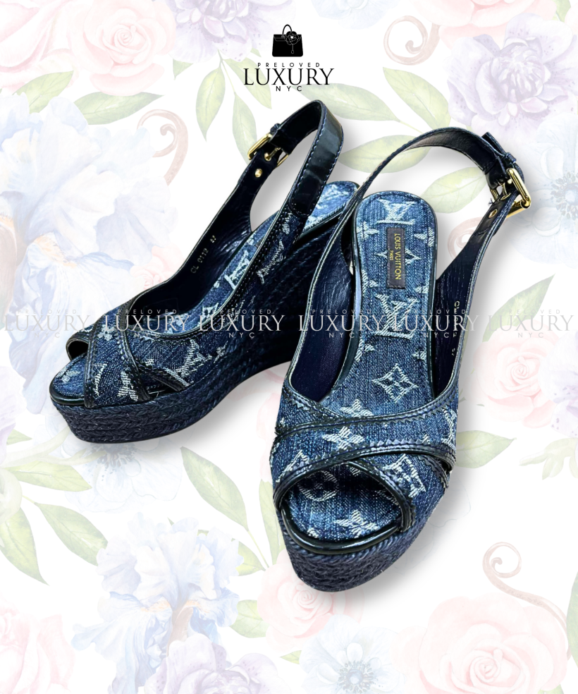 LOUIS VUITTON Denim Patent Espadrille Wedge SIZE 37 FITS 6.5