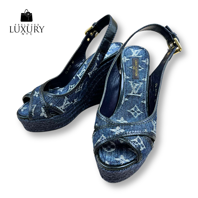LOUIS VUITTON Denim Patent Espadrille Wedge SIZE 37 FITS 6.5