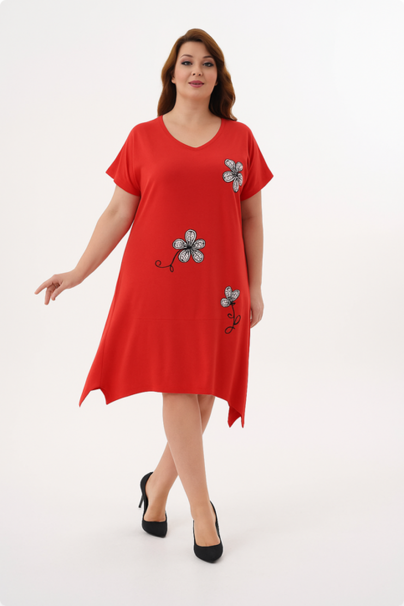 Sukienka Plus Size Seraj Kwiaty - czerwony
