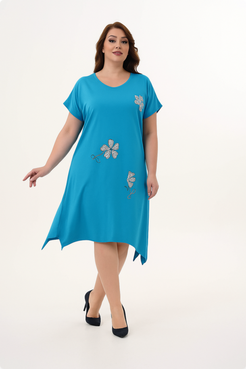 Sukienka Plus Size Seraj Kwiaty - niebieski