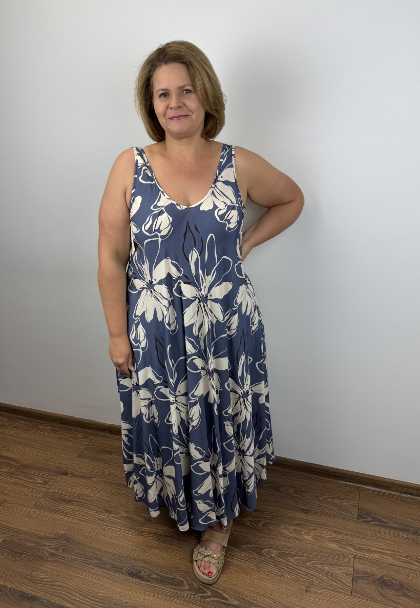 Italia nr.2 - Sukienka maxi na ramiączkach, wzór kwiaty - wł. - 21778 - jeans