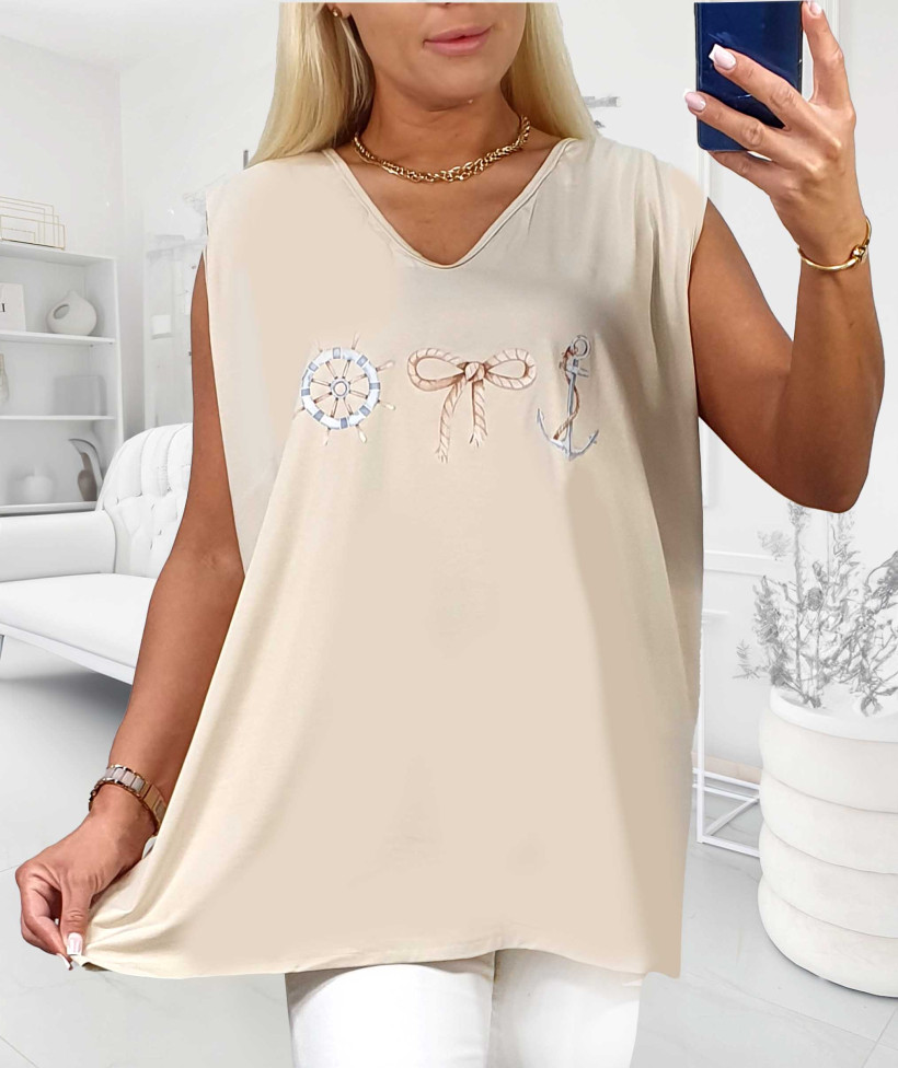 ⚓ Tunika Plus Size z Motywem Marynistycznym Plus Size⚓ - beż