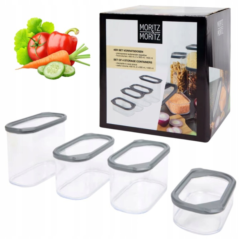 Zestaw 4 Pojemników na Jedzenie z Pokrywkami | Organizery Kuchenne 4xszt | 400ml, 2x900ml , 1400ml