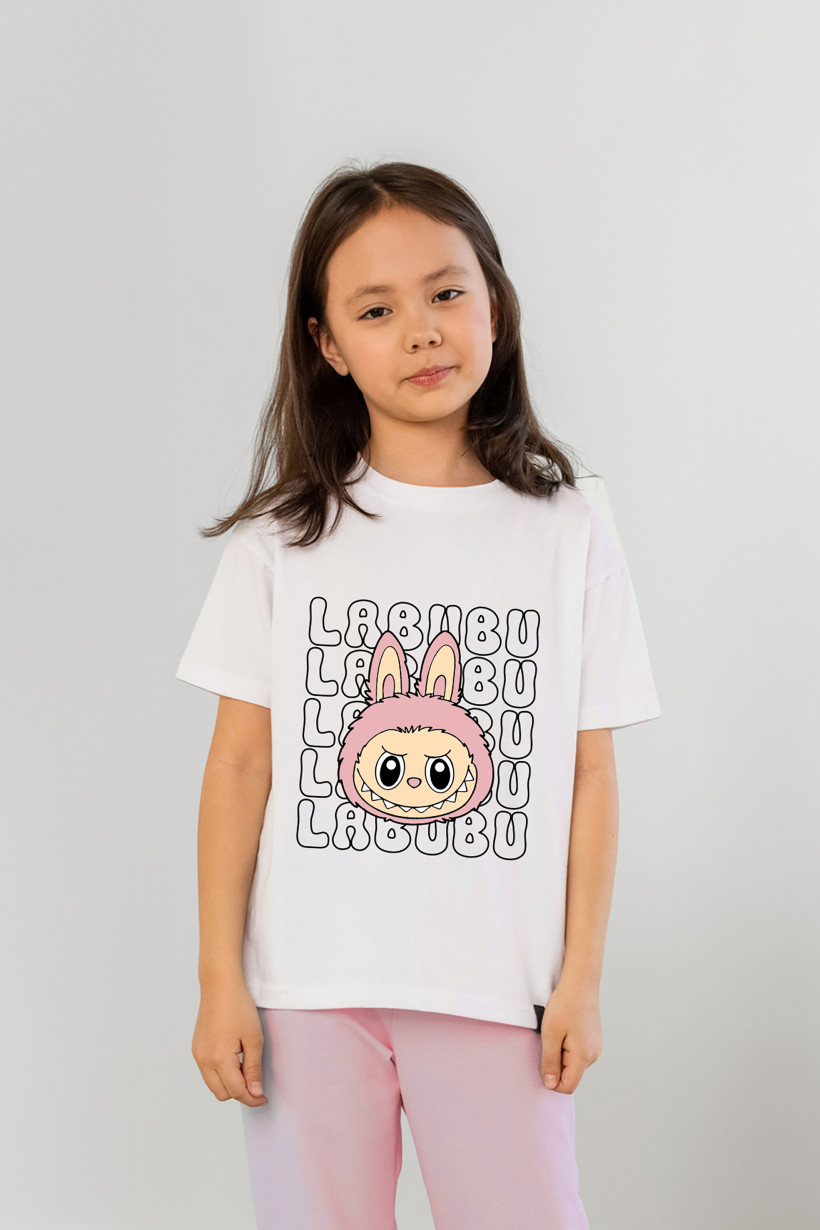 T-SHIRT BIAŁY Z RÓŻOWYM  DZIEWCZYNKA LABUBU AFK