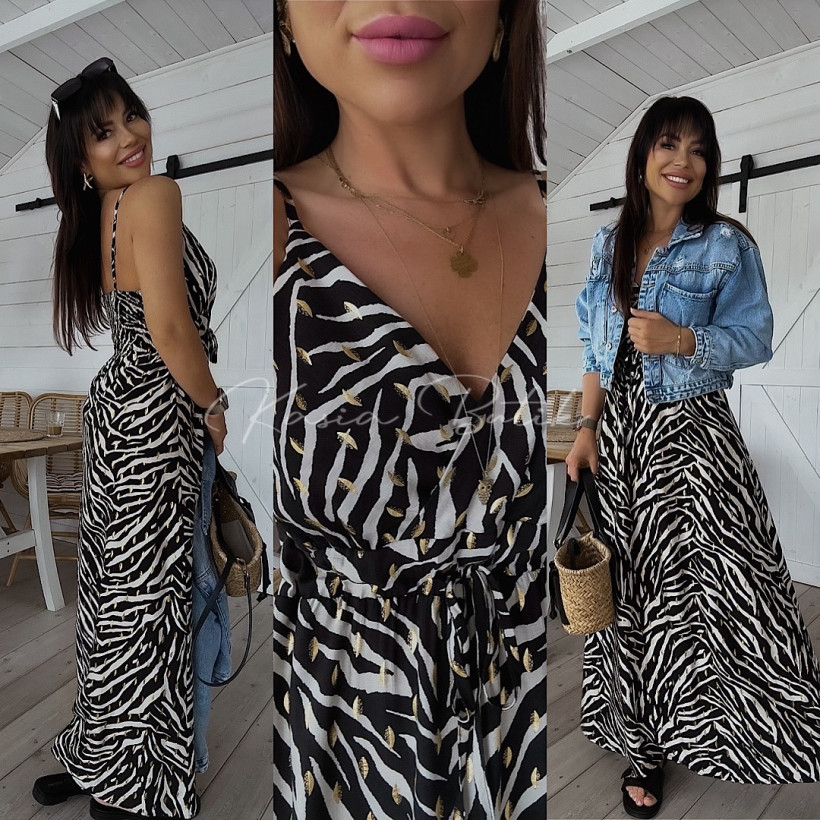 Sukienka Wiskozowa Miss Sara Gold Maxi  z Troczkiem Zebra Czarno&Beżowa