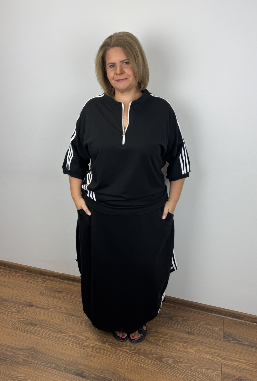 Komplet Spódnica + Bluza z lampasami - ww - 909 - czarny