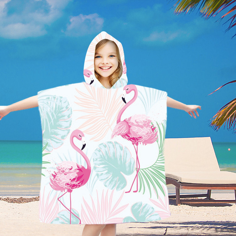 Dziecięce poncho plażowe z kapturem | ręcznik kąpielowy dla dziewczynek i chłopców 60x90cm 100% mikrofibra flaming