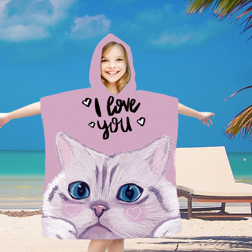 Dziecięce poncho plażowe z kapturem | ręcznik kąpielowy dla dziewczynek i chłopców 60x90cm 100% mikrofibra kotek
