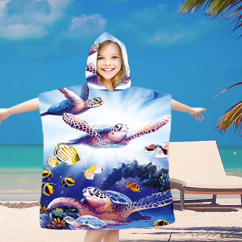 Dziecięce poncho plażowe z kapturem | ręcznik kąpielowy dla dziewczynek i chłopców 60x90cm 100% mikrofibra ocean