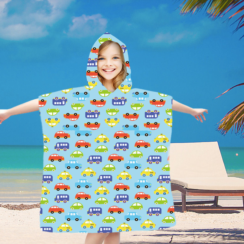 Dziecięce poncho plażowe z kapturem | ręcznik kąpielowy dla dziewczynek i chłopców 60x90cm 100% mikrofibra autka