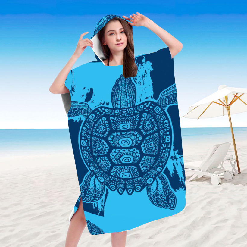 Ręcznik plażowy z kapturem z mikrofibry 80x145 cm | Ponczo 100% mikrofibra żółw