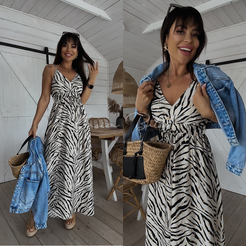 Sukienka Wiskozowa Miss Sara Gold Maxi z Troczkiem Zebra Beżowo&Czarna