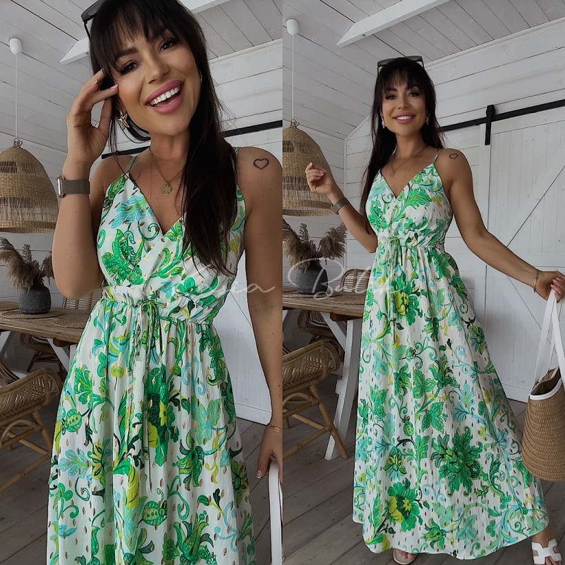 Sukienka Wiskozowa Miss Sara Gold Maxi z Troczkiem Flowers Zielono&Beżowa