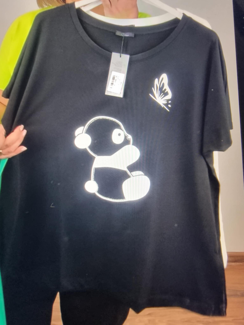 Bluzka jednokolorowa, panda z motylkiem - veso - 9112 - czarna- promocja
