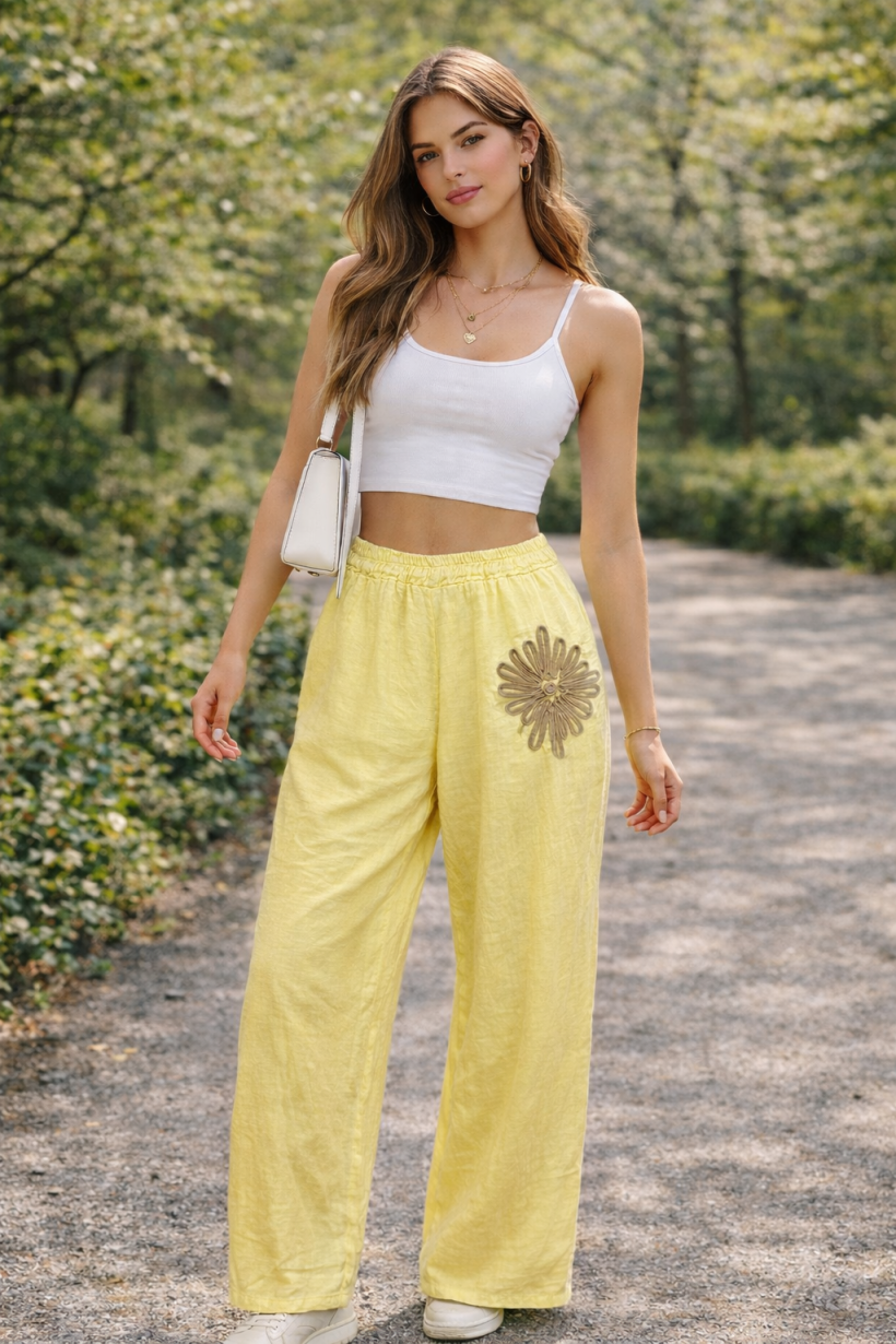 SPODNIE AQUA LIMONE LEN WYSZYWANE