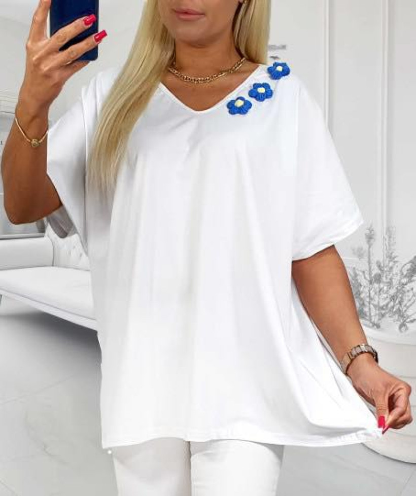 Bluzka Bawełniana Plus Size WEŁNIANE KWIATKI - biała