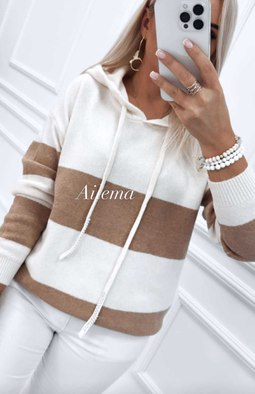 Bluza sweterkowa bluoltre ZF85203 w paski z kapturem