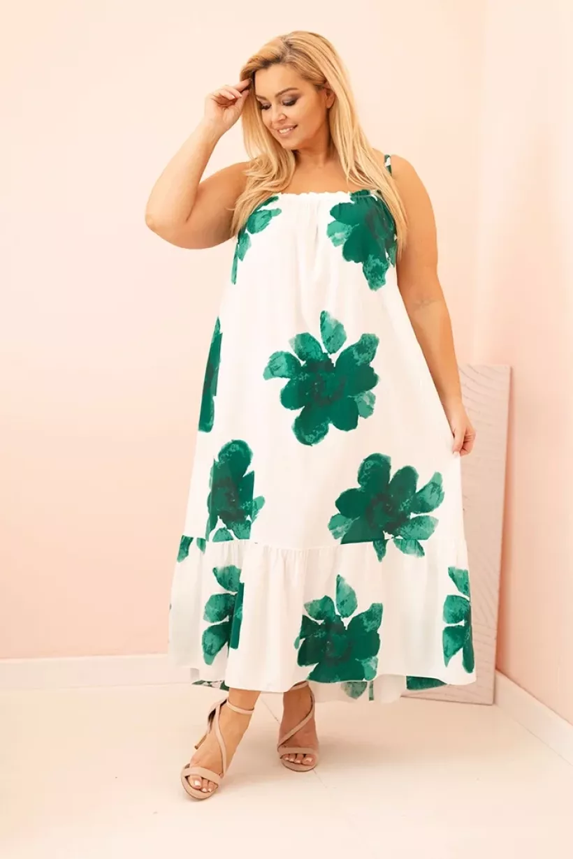 Sukienka Plus Size na ramiączkach z falbaną i kwiatami zielony