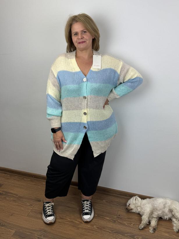 Italia nr.3 - Sweter w kolorowe pasy, zapinany na złote guziki - wł. - 9565 - beż