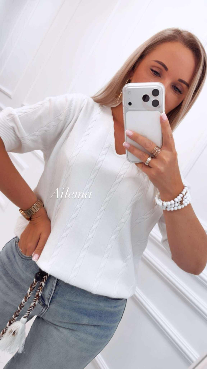 Sweter G90185 krótki rękaw z warkoczem