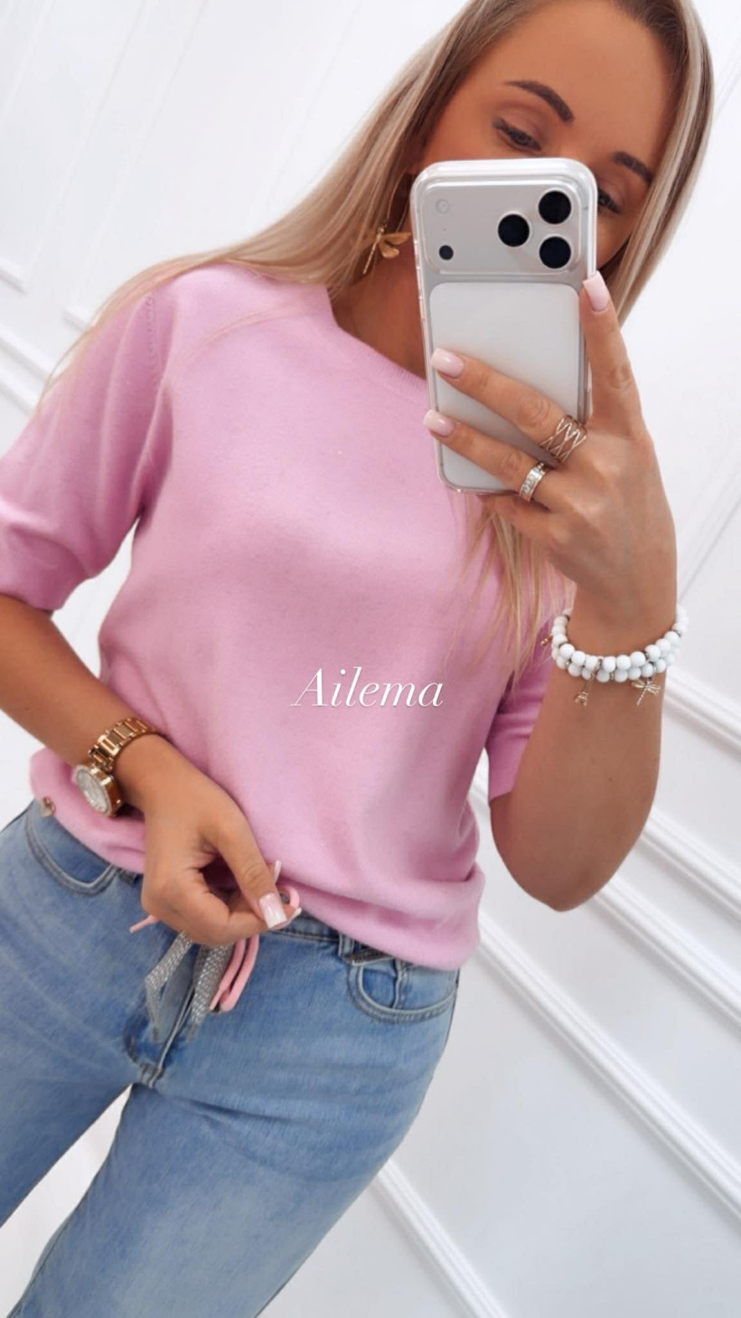 Sweterek krótki rękaw LV2619 okrągły dekolt, wszyta ozdobna nitka