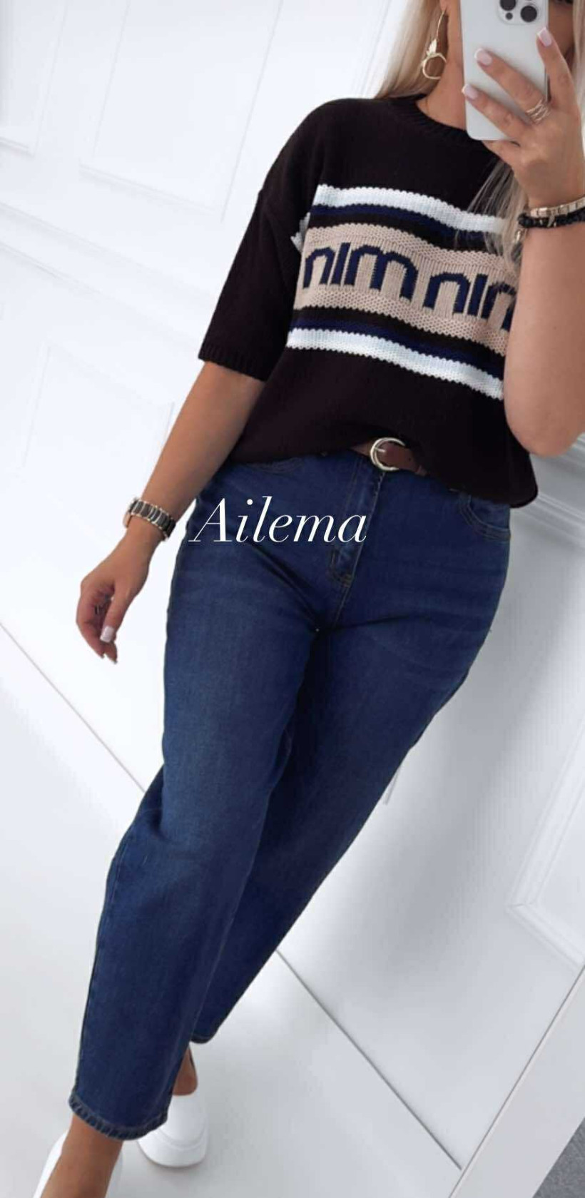 Jeansy M.Sara SK123-H ciemny jeans z brązowym paskiem